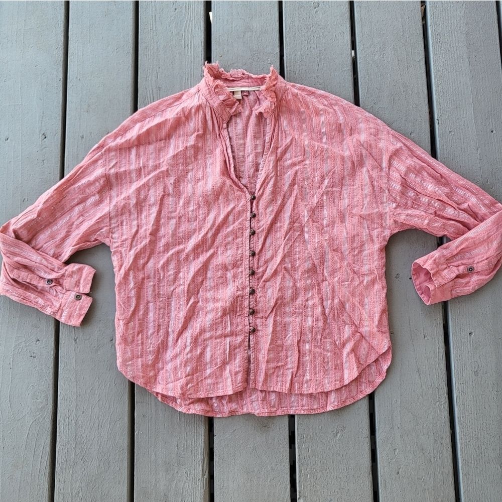 Anthro Pilcro Tavi Button Front Shirt Long Sleeve Collar Round Metallic Stripe S